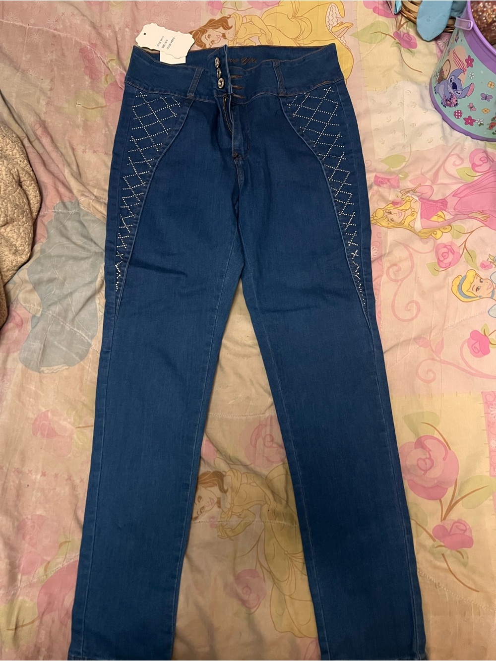 High-Rise Dark Blue Women's Jeans with Diamond Stitch Detail